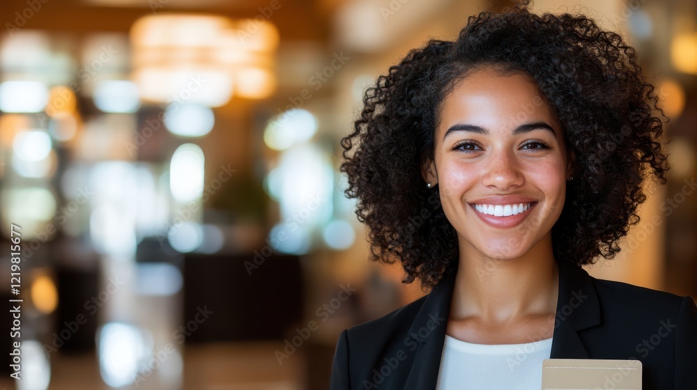 Obraz premium Entrepreneur arrives at hotel ready for business adventure with a smile