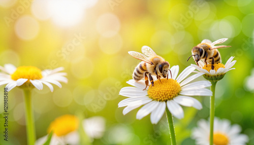 Bees collecting nectar on daisies in a sunny meadow. bees pollinate flowers