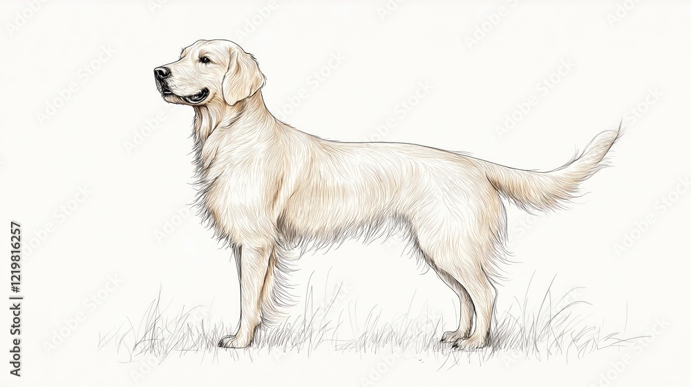 Hand drawn sketch of golden retriever. Cute pet sitting on grass. Studio portrait against white background. Adorable breed. Domestic animal. Purebred dog. Perfect for pet lovers animal enthusiasts. Hand drawn sketch of golden retriever. Cute pet sitting on grass. Studio portrait against white background. Adorable breed. Domestic animal. Purebred dog. Perfect for pet lovers animal enthusiasts.