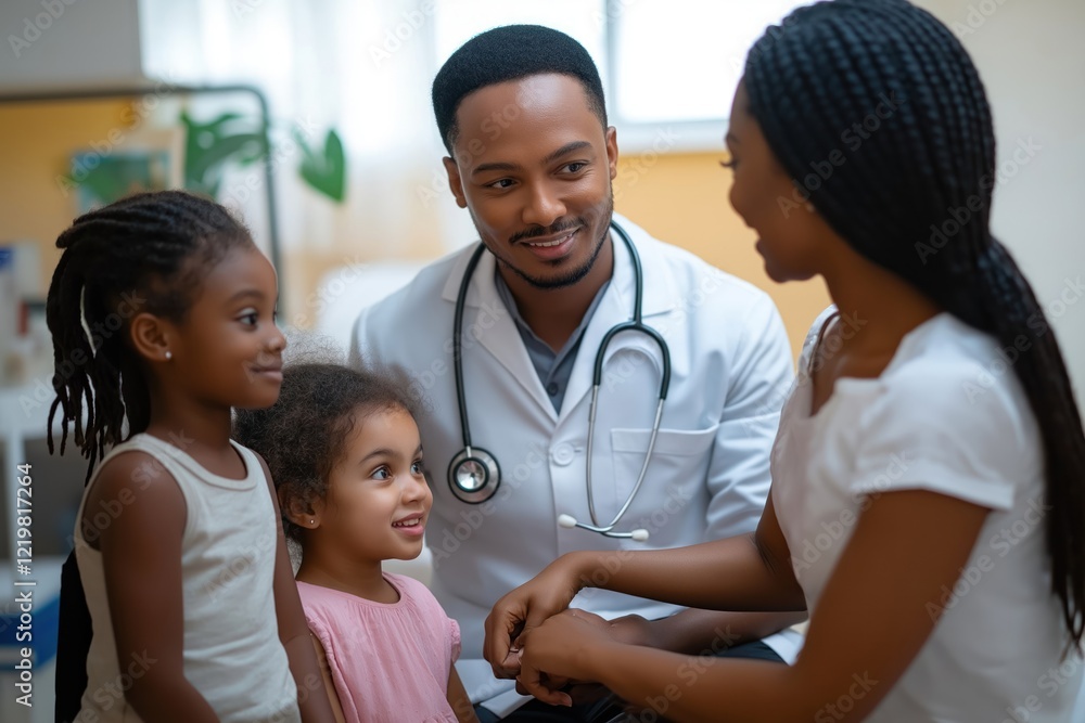 Smiling mother, two daughters check-up with doctor. Family visits general practitioner. Doctor examines mother. Kids happy, attentive. Indoor scene in clinic. Healthcare scene in Scandinavia. Smiling mother, two daughters check-up with doctor. Family visits general practitioner. Doctor examines mother. Kids happy, attentive. Indoor scene in clinic. Healthcare scene in Scandinavia.