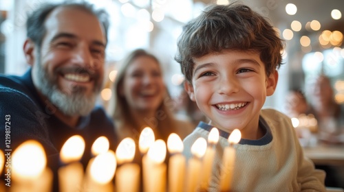 Celebrating Hanukkah with family around a menorah full of lit candles photo