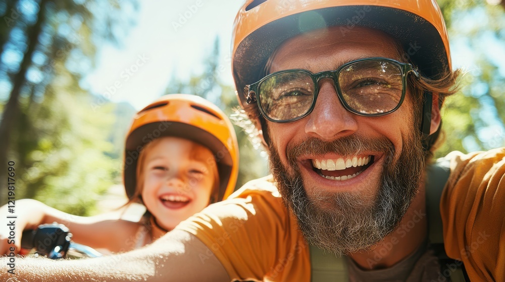 Enjoying a fun ride through the forest with smiles and laughter Enjoying a fun ride through the forest with smiles and laughter