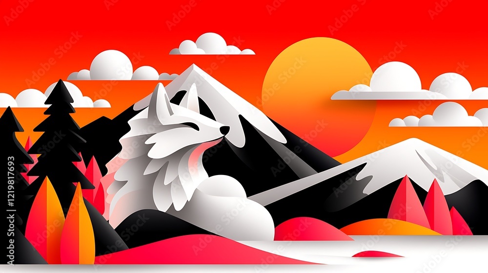Fototapeta premium Serene White Fox in Paper Art Mountain Landscape at Sunset
