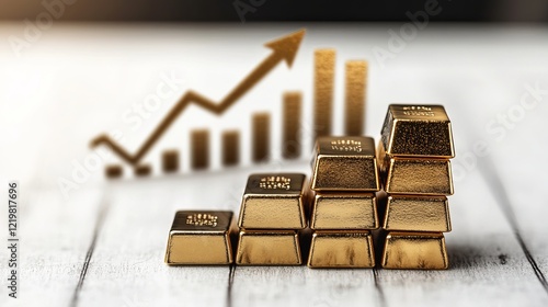 A neat arrangement of gold bars forms a pyramid in the foreground while a blurred upward trending graph symbolizes financial growth and prosperity. photo