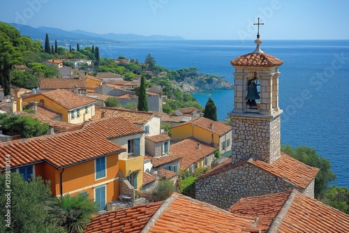 Roquebrune-Cap-Martin village hillside townhouses show terracotta roofs, colorful facades. Mediterranean Sea, French Riviera coastline visible in background. Scenic view from historical fortress. photo