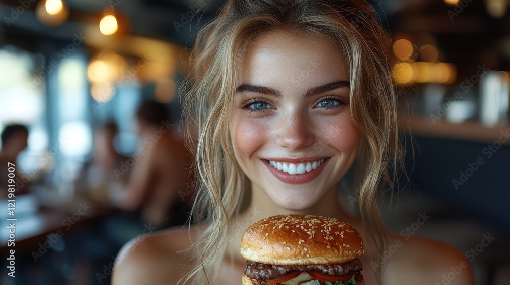 Young woman delights in a juicy hamburger at a lively pub setting Young woman delights in a juicy hamburger at a lively pub setting