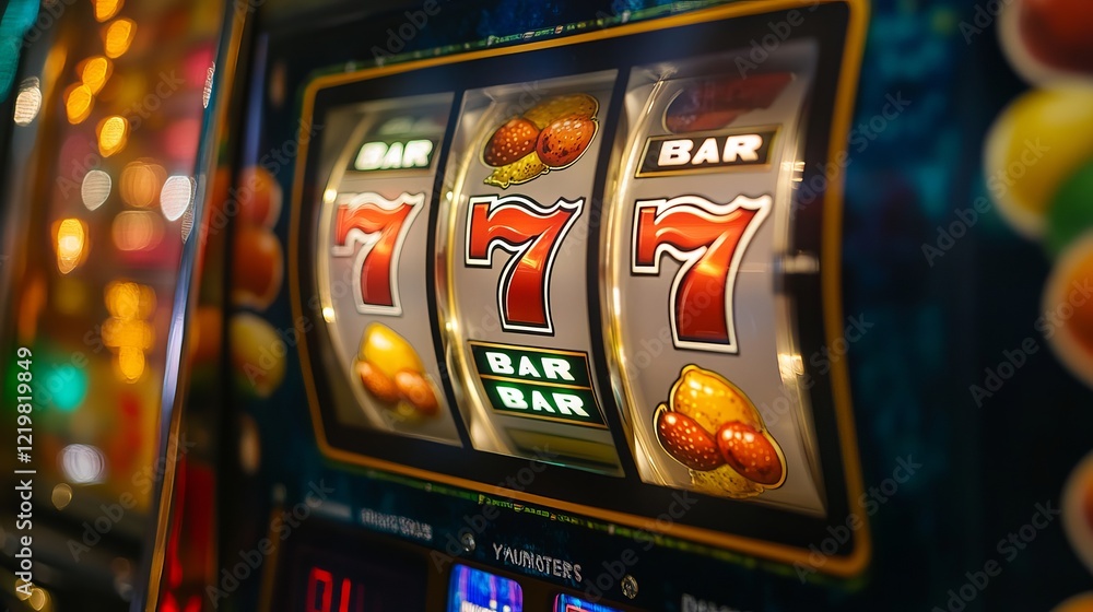 A classic casino slot machine displays three sevens and bars, symbolizing a winning spin amidst glowing lights, evoking senses of nostalgia and excitement in gaming. A classic casino slot machine displays three sevens and bars, symbolizing a winning spin amidst glowing lights, evoking senses of nostalgia and excitement in gaming.