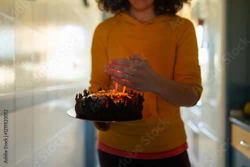 A mother carries her daughter's birthday cake with lit candles, and covers them with her hand so that they do not go out photo