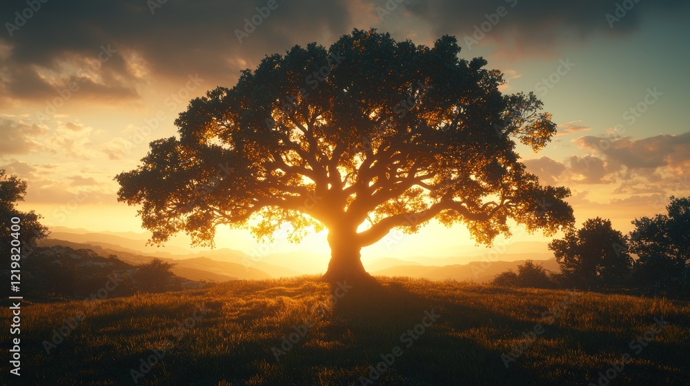 Majestic oak tree silhouetted against a vibrant sunset. Majestic oak tree silhouetted against a vibrant sunset.