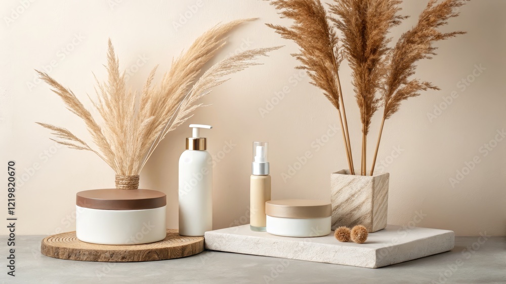 Naklejka premium Boho Pampas Grass and Minimalist Skincare Mockup,Neutral Tones,Product Photography Skincare, Mockup