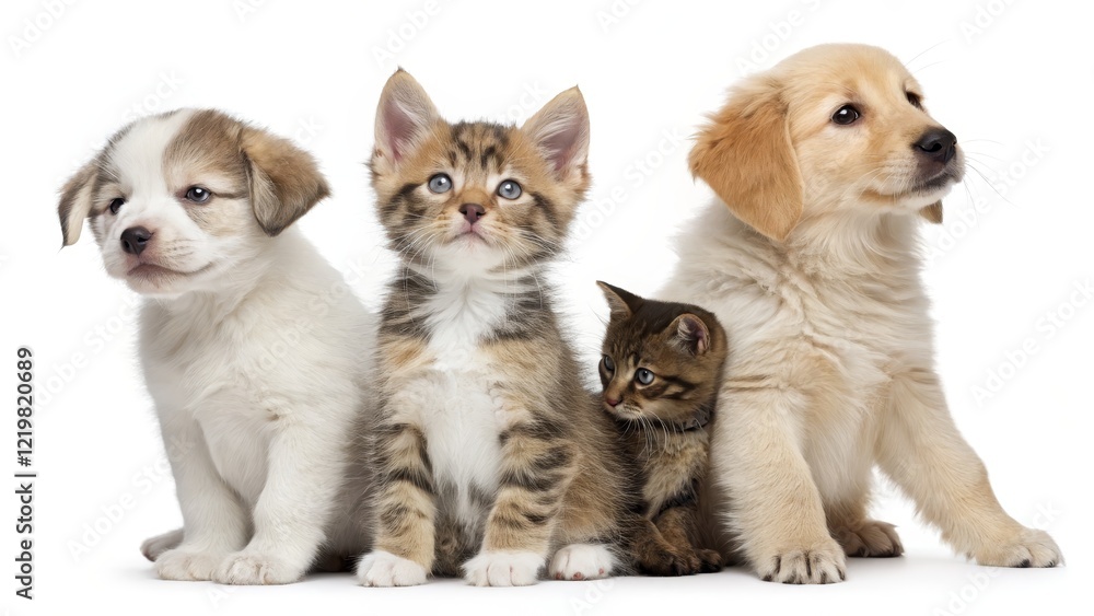 Obraz premium Adorable Puppies and Kittens Three Fluffy Friends, Close-Up Studio Shot, White Background, Animal Companionship. Pet Portraits, Cute Animals Pet Portraits, Cute Animals
