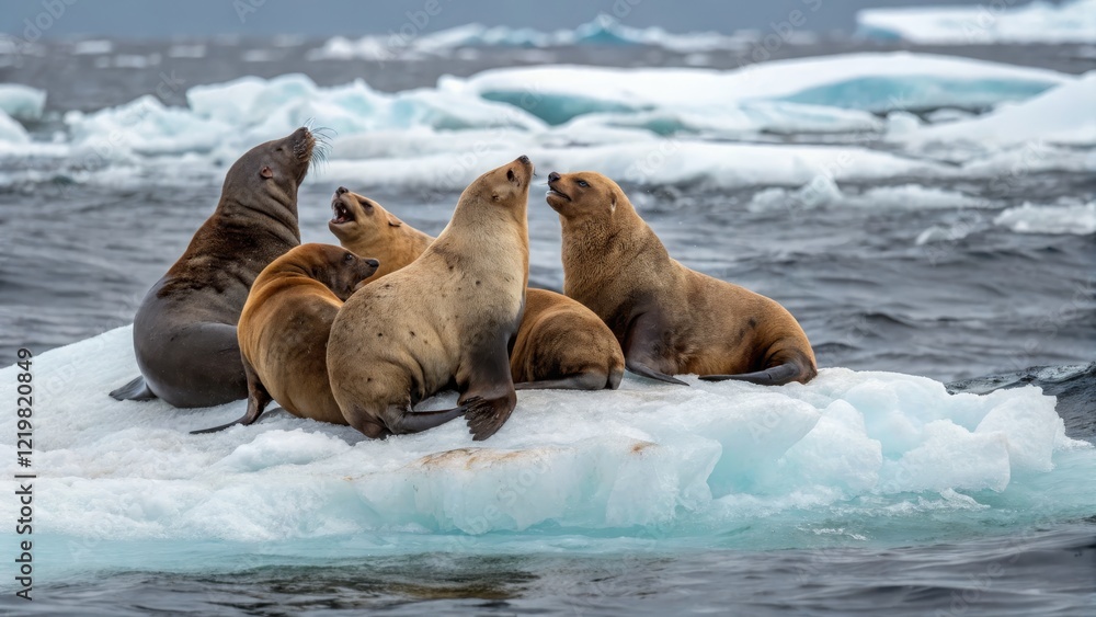 Fototapeta premium Five Sea Lions Resting on Ice Floe in Antarctic Waters, Wildlife Photography, Group Composition, Iceberg, Antarctic Seals Antarctic, Sea Lion