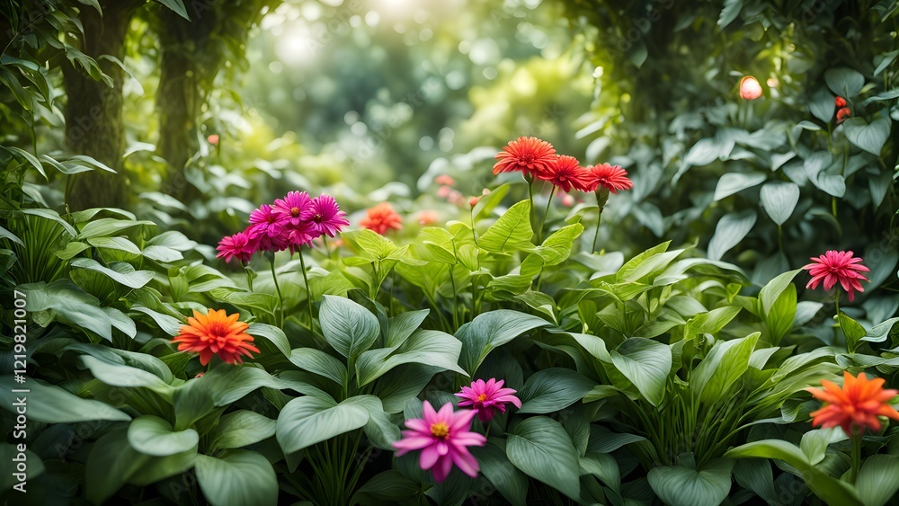 Vibrant pink, orange, and red flowers bloom amongst lush green foliage in a sun-dappled garden. Vibrant pink, orange, and red flowers bloom amongst lush green foliage in a sun-dappled garden.