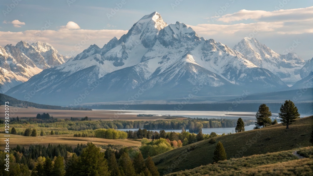 Fototapeta premium Grand Teton Landscape Panoramic Composition, Snow-Capped Peaks, Serene Valley, Mountain Photography Grand Teton National Park, Landscape Photography