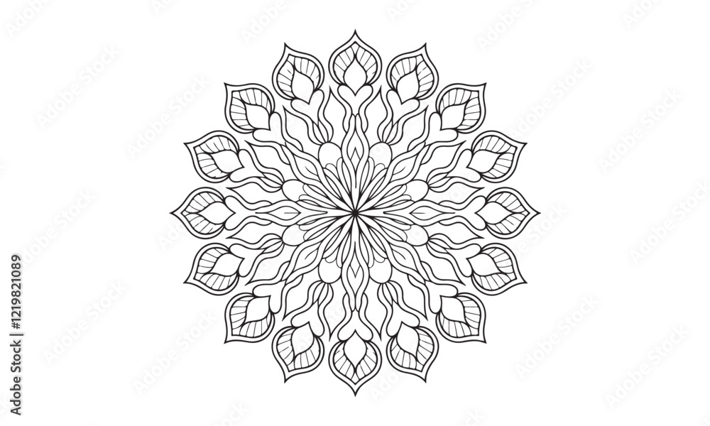 Black and white mandala with intricate leaf patterns, perfect for relaxation, mindfulness, and coloring enthusiasts. Black and white mandala with intricate leaf patterns, perfect for relaxation, mindfulness, and coloring enthusiasts.