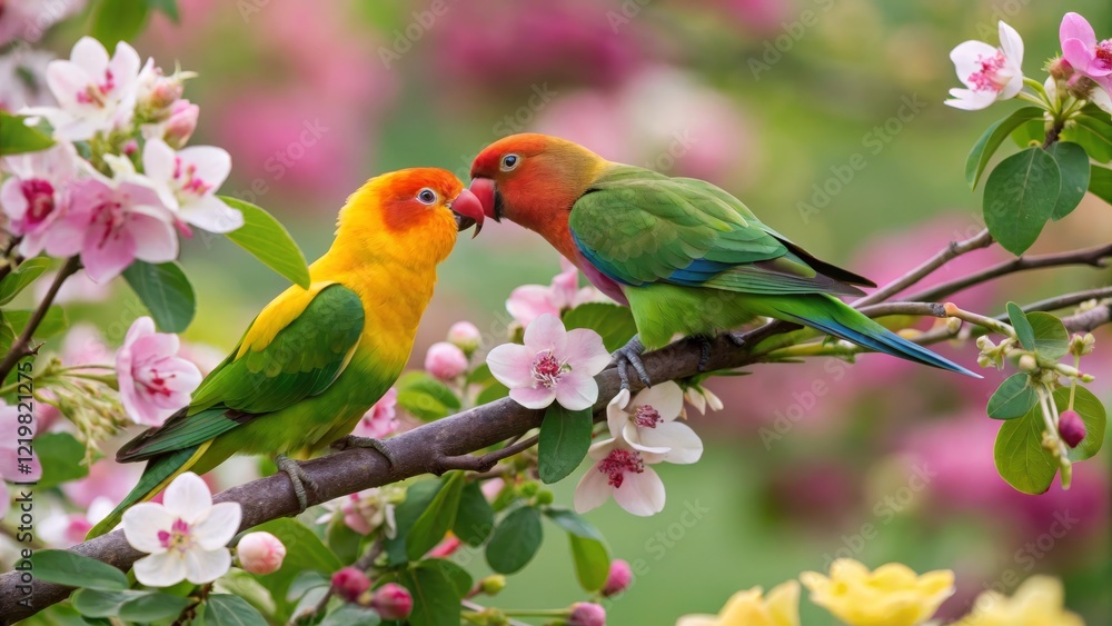 Fototapeta premium Lovebirds in Blossom Close-up Composition of Two Lovebirds on a Branch with Pink Flowers, Spring, Nature, Wildlife Photography Lovebirds, Spring blossoms