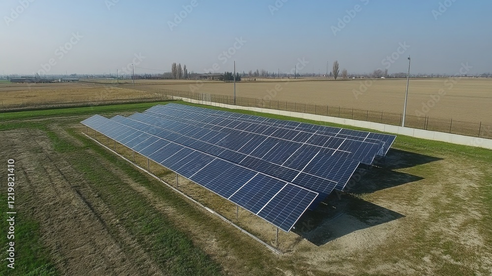 Aerial view of solar panels in a vast field under a clear blue sky, promoting renewable energy Aerial view of solar panels in a vast field under a clear blue sky, promoting renewable energy