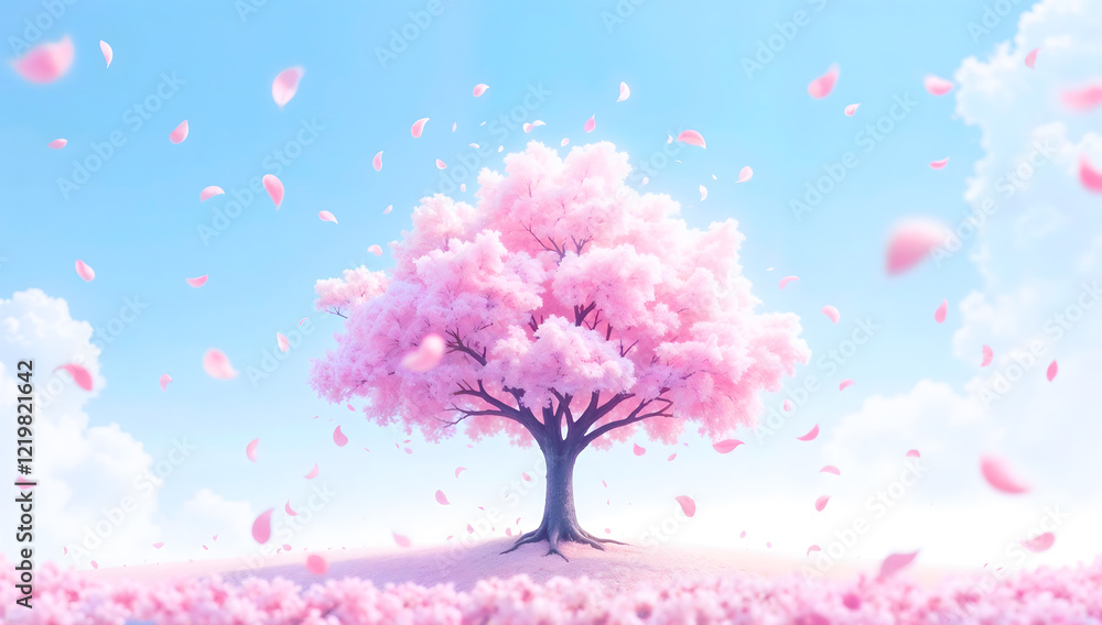 A lone sakura tree with pink flowers in a tranquil blue sky background with petals gently falling, with copy space for text A lone sakura tree with pink flowers in a tranquil blue sky background with petals gently falling, with copy space for text