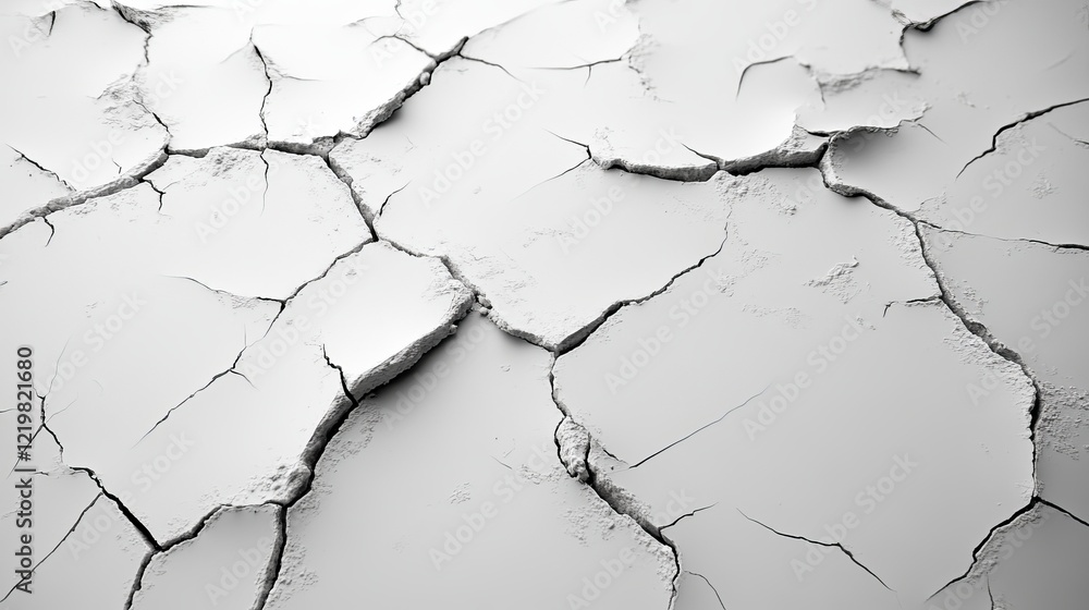The image illustrates a white surface marred with prominent cracks, highlighting a sense of desolation, fragility, and the passage of time through its stark texture. The image illustrates a white surface marred with prominent cracks, highlighting a sense of desolation, fragility, and the passage of time through its stark texture.