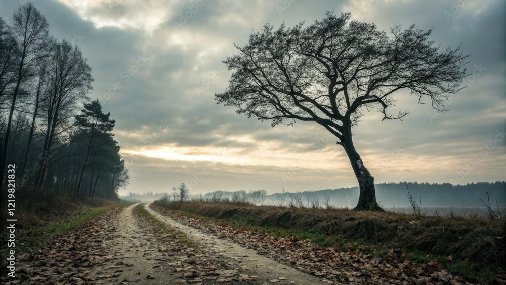 Solitary Tree on Autumnal Country Road Landscape Photography, Wide Angle Composition, Moody Atmosphere, Autumn Leaves keywords landscape photography, autumn scenery Solitary Tree on Autumnal Country Road Landscape Photography, Wide Angle Composition, Moody Atmosphere, Autumn Leaves keywords landscape photography, autumn scenery