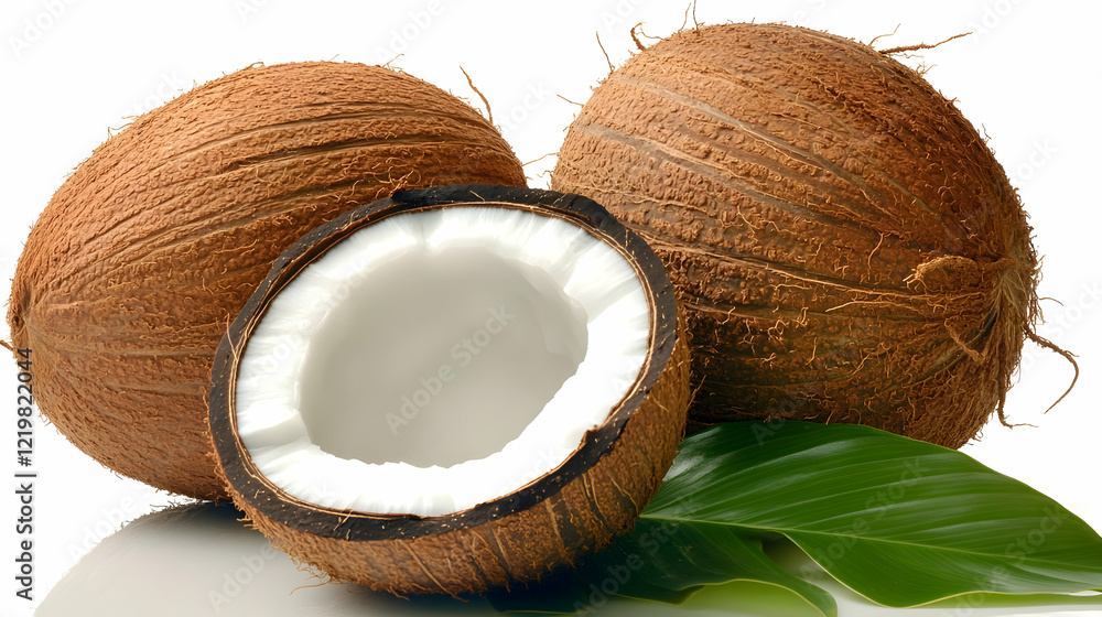 Two whole coconuts, one halved, with a leaf, on white Two whole coconuts, one halved, with a leaf, on white