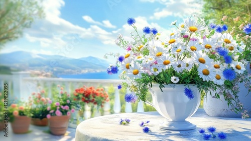 Colorful bouquet of daisies and cornflowers on a sunny terrace overlooking a scenic view of mountains and a peaceful lake during a bright afternoon photo