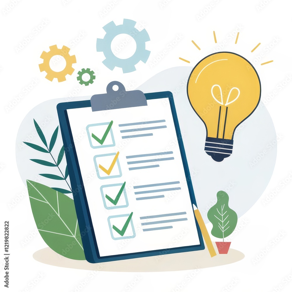 Checklist with Idea Lightbulb Flat Design Illustration, Project Planning, Goal Setting Project Management,Productivity Checklist with Idea Lightbulb Flat Design Illustration, Project Planning, Goal Setting Project Management,Productivity