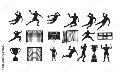 Handball Silhouettes and Icons - Players, Goal, Trophy, and Court Elements