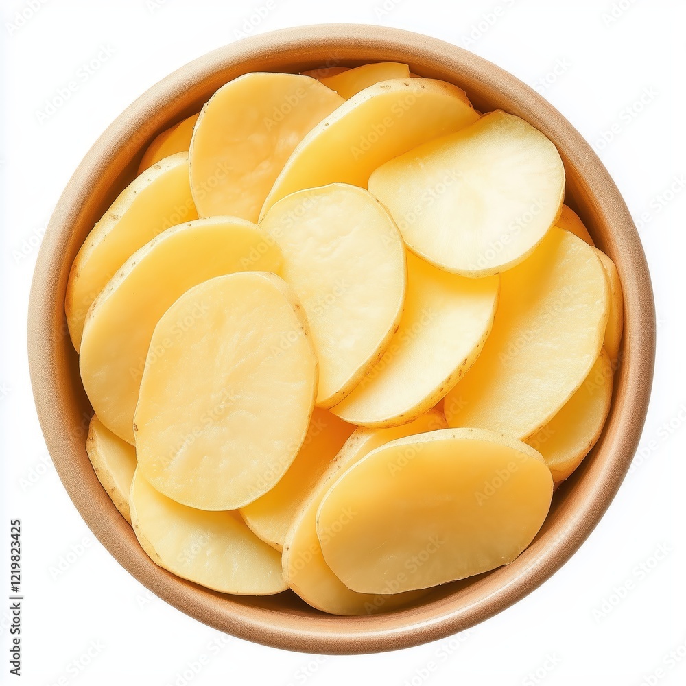 Freshly cut potato slices arranged in a bowl Freshly cut potato slices arranged in a bowl