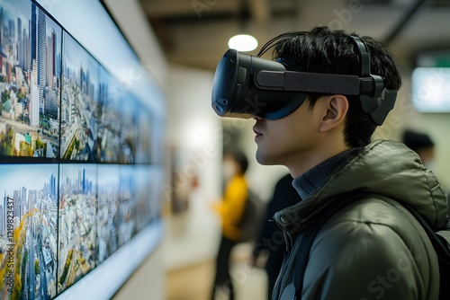 Man Using Virtual Reality Headset in a Technology Exhibit   photo