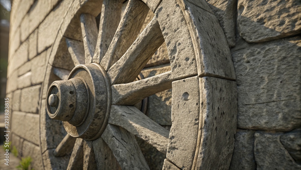 Close-up of Weathered Wooden Wheel Against Stone Wall, 3D Render, Texture, History, Ancient Wheel Ancient architecture, 3D rendering Close-up of Weathered Wooden Wheel Against Stone Wall, 3D Render, Texture, History, Ancient Wheel Ancient architecture, 3D rendering
