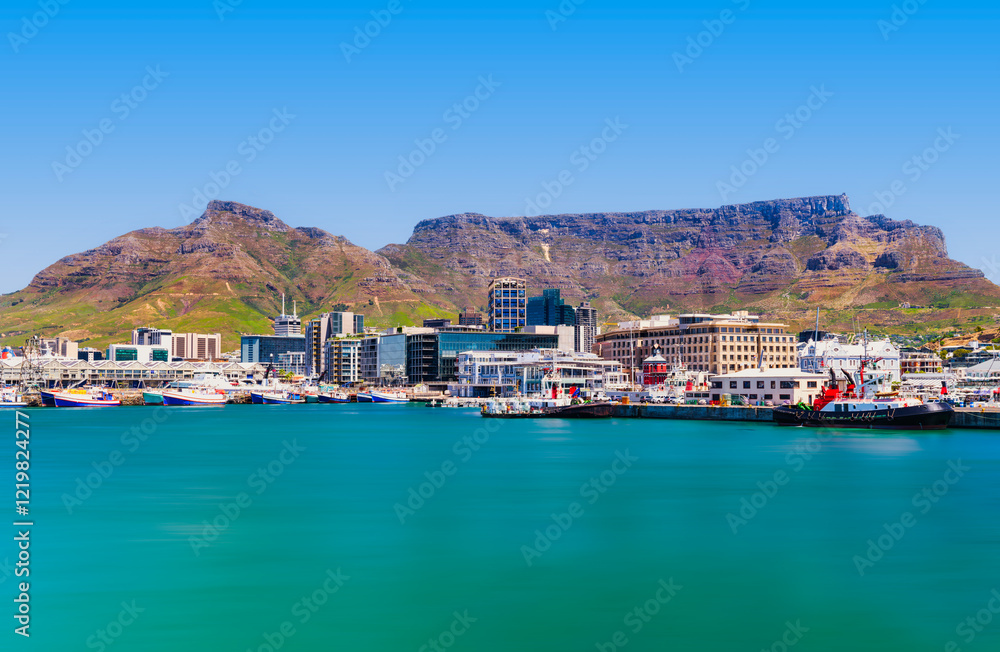 V&A Waterfront with Cape Town city and Table Mountain in the background on a clear summer day, South Africa