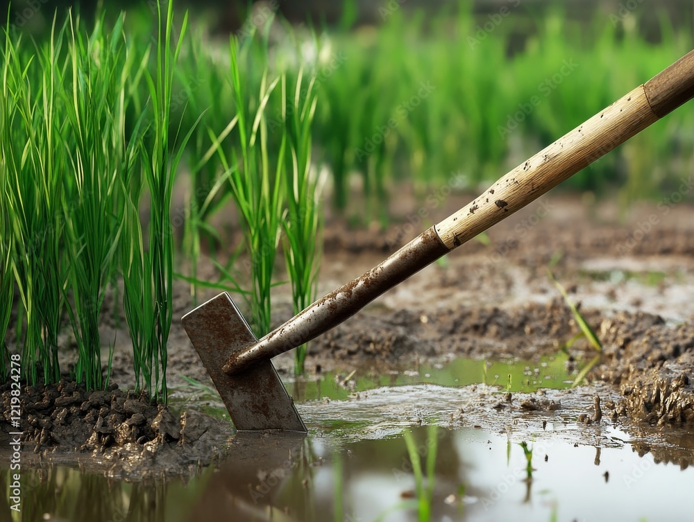 Rice farming tools in use. Featuring traditional rice farming tools being used. Highlighting agricultural practices and heritage. Ideal for farming and cultural visuals. Rice farming tools in use. Featuring traditional rice farming tools being used. Highlighting agricultural practices and heritage. Ideal for farming and cultural visuals.