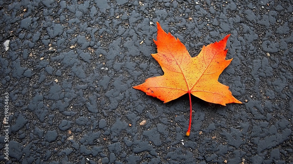 A vivid red maple leaf is lying on a black asphalt surface, adorned with small water droplets, offering a stunning example of natural beauty in an urban environment. A vivid red maple leaf is lying on a black asphalt surface, adorned with small water droplets, offering a stunning example of natural beauty in an urban environment.