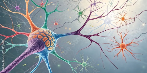 Colorful Neuron Network 3D Render, Brain Cell, Neural Connections, Neuroscience Neuron, Brain