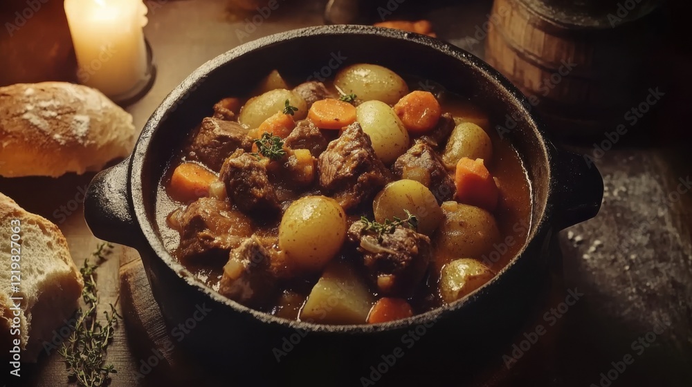 Rustic Winter Stew in Cast Iron Pot by Candlelight for Cozy Evening Dinners Rustic Winter Stew in Cast Iron Pot by Candlelight for Cozy Evening Dinners