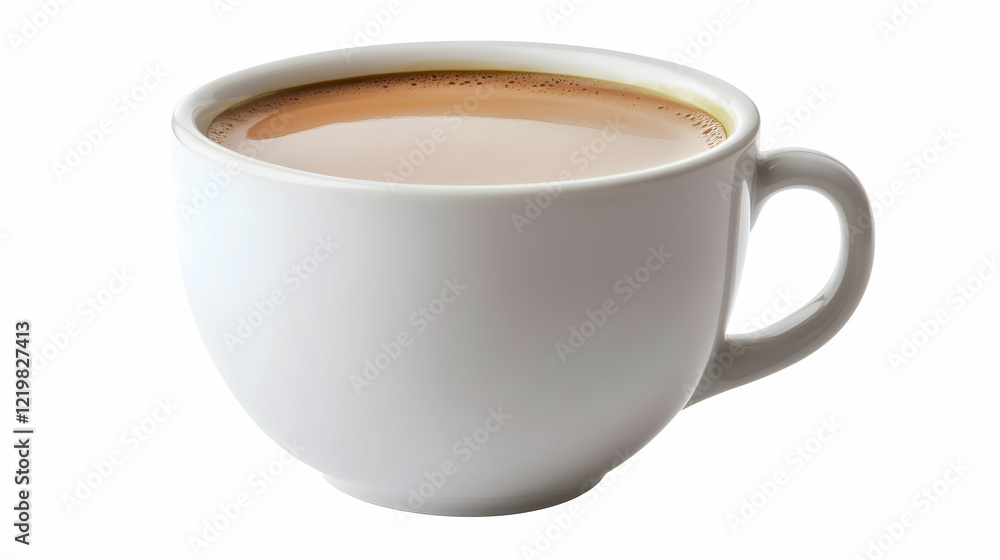 Warm creamy tea in white mug, isolated. Perfect for breakfast menus Warm creamy tea in white mug, isolated. Perfect for breakfast menus