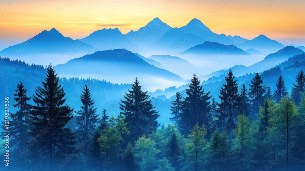 Obraz premium Misty mountain layers at dusk.