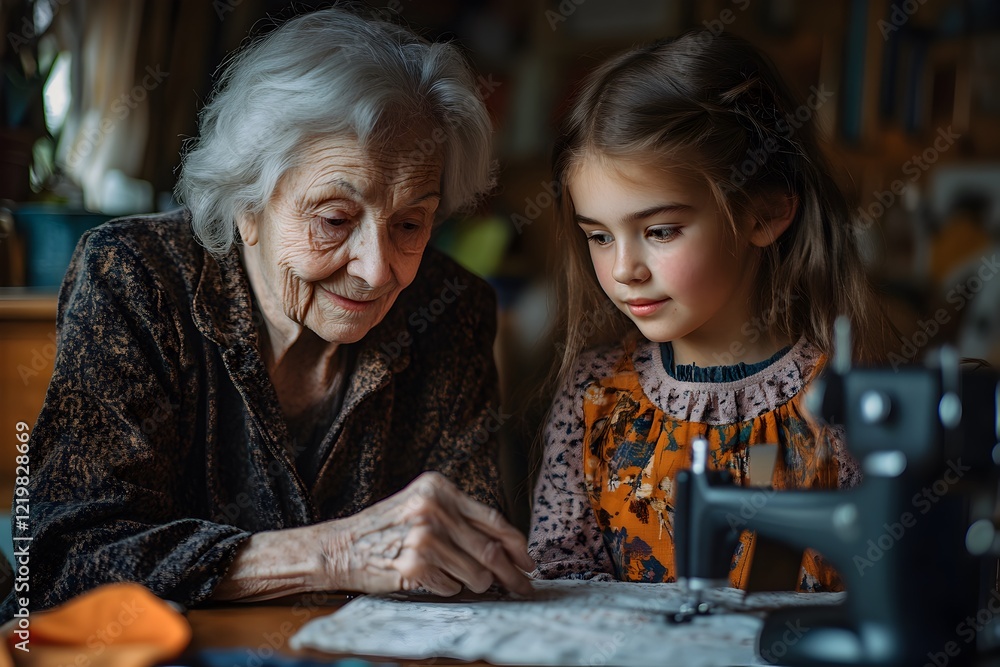 Fototapeta premium Elderly woman teaching young girl to sew by hand, symbolizing intergenerational connection, traditional skills, learning through experience, and the passing down of cultural knowledge. 