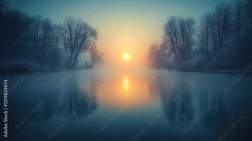 Misty sunrise over a calm river with frosted trees. Misty sunrise over a calm river with frosted trees.