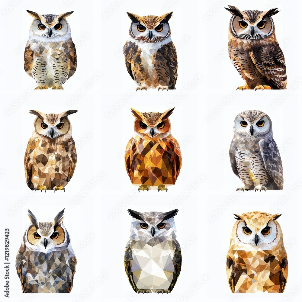 Fototapeta premium Geometric Owl Collection: Nine distinct owls rendered in a captivating geometric style, each showcasing a unique combination of colors and textures.
