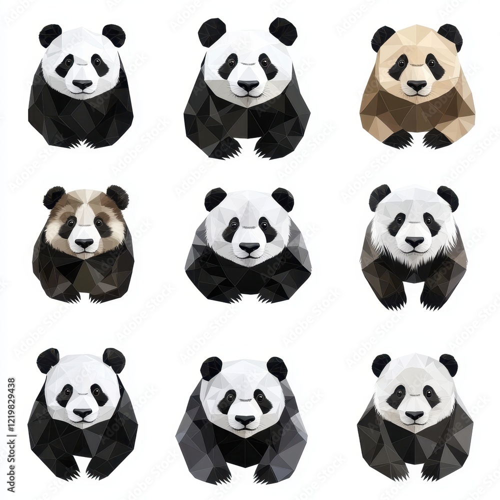 Fototapeta premium Geometric Panda Pattern: A collection of nine adorable panda bears in a geometric style. The stylized designs of these bears are reminiscent of modern art and add a touch of whimsy to any decor. 