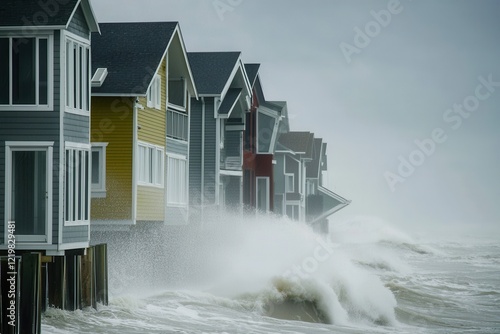 A coastal flood submerging beachfront properties, with waves crashing against flooded buildings.