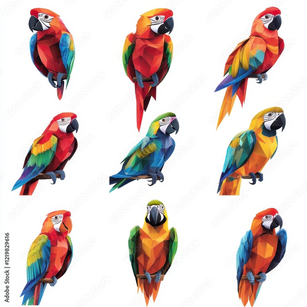 Obraz premium Vibrant Macaw Collection: A set of twelve vibrant, geometric macaws in various colors and poses. Perfect for adding a tropical flair to your designs.