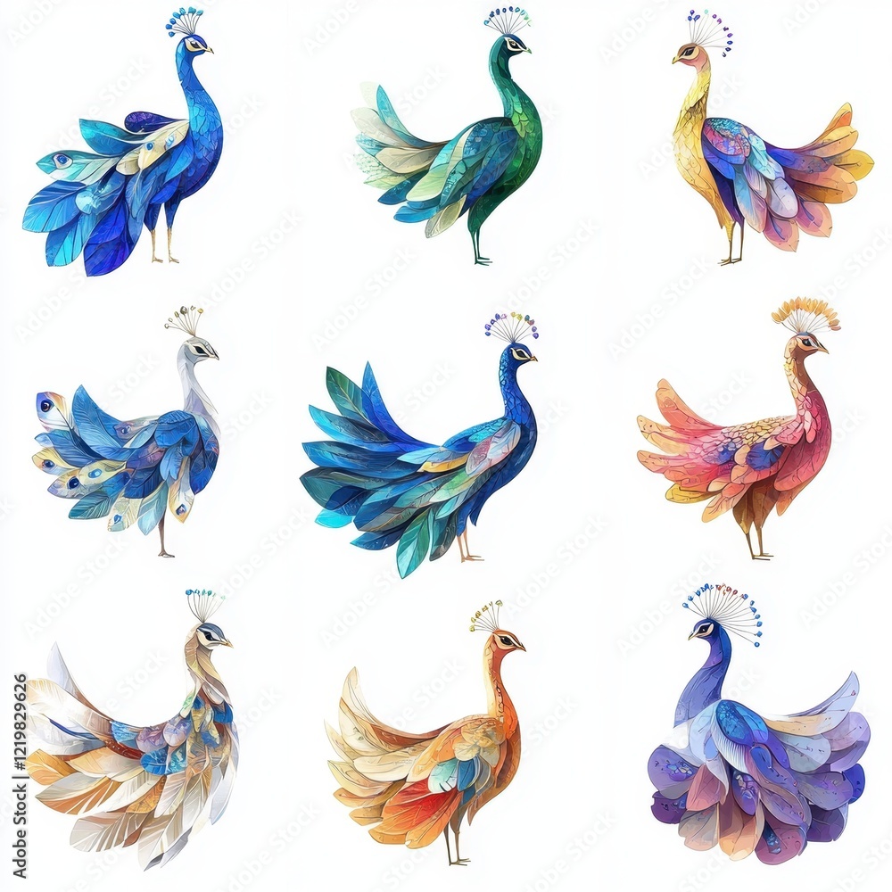 Obraz premium Peacock Collection: A vibrant collection of nine peacocks in various colors and poses, showcasing intricate feather details and artistic style. 
