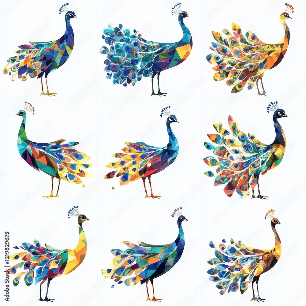 Obraz premium Peacock Mosaic: A collection of nine vibrant peacocks, each intricately rendered in a mesmerizing mosaic of colorful geometric shapes. These magnificent birds are a captivating display of beauty.