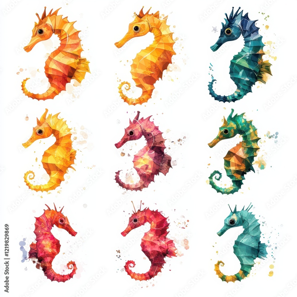 Obraz premium Watercolor Sea Horses: Nine vibrant seahorses in an array of colours are rendered in a watercolor style, capturing the beauty of these unique marine creatures.