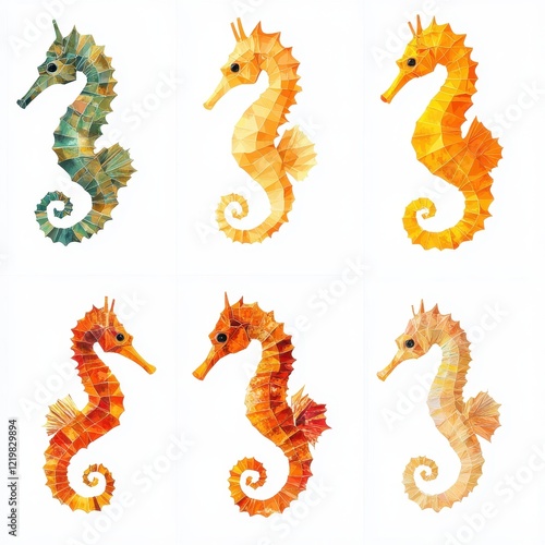 Six Colorful Seahorses: A vibrant collection of six seahorses in varying shades of orange, yellow, and teal, showcasing their unique, intricate designs.  Each seahorse is depicted with a detailed.