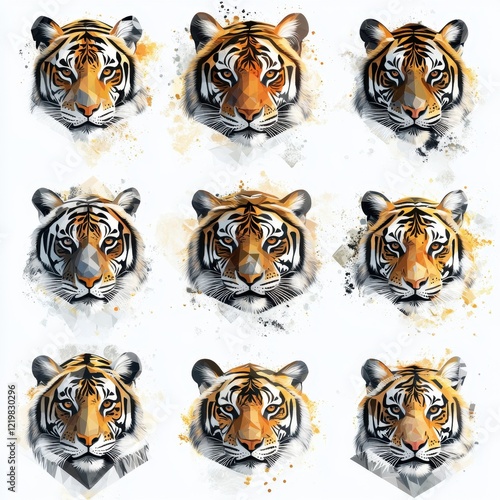 Tiger Stripes: A captivating collection of nine tiger portraits, each rendered in a striking geometric style with bold lines and splashes of color. photo