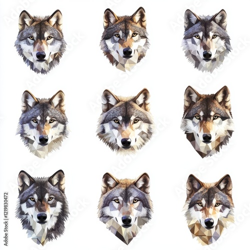 Geometric Wolf Pack: Nine stylized wolf heads in geometric patterns, each with unique color variations, create a captivating and modern wildlife design.   photo